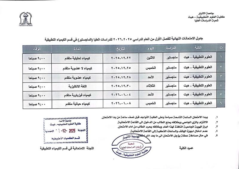 إعلان جدول امتحانات الكورس الأول لطلبة ماجستير الكيمياء التطبيقية للعام الدراسي 2025–2026